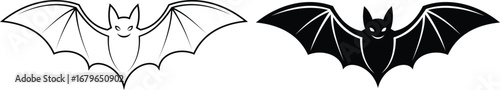 Flying bat icon set. Halloween bats vector illustration on isolated transparent background. Black and outline bat silhouette icon design.