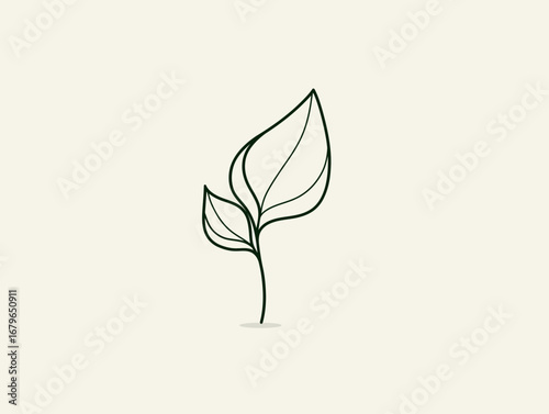 
One line drawing logo of single leaf growing from the ground, simple and minimalistic design with white background.