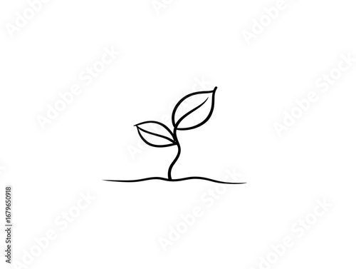 
One line drawing logo of single leaf growing from the ground, simple and minimalistic design with white background.