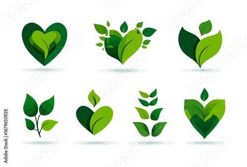 Set of green heart vector logo designs with leaves, garden, and plant elements isolated on a white background. Nature concept for eco-friendly products or environmental protection promotion.
