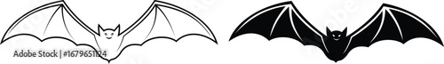 Flying bat icon set. Halloween bats vector illustration on isolated transparent background. Black and outline bat silhouette icon design.