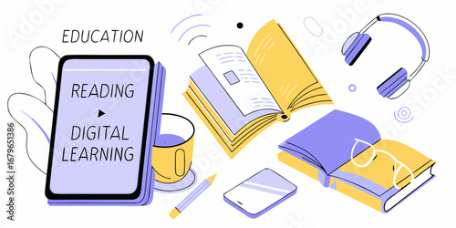 Digital learning and reading concept with books tablet phone headphones and cup of coffee