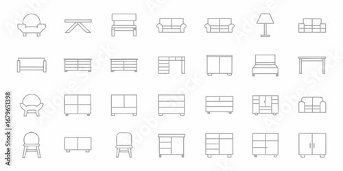 Collection of modern furniture icons in a clean line art style representing home and office furnishings