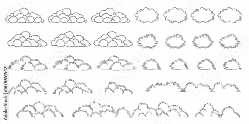 Collection of stylized hand drawn bush and shrub silhouettes in various shapes and sizes