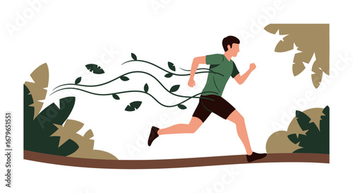 Illustration of a Young Man Running Outdoors Amidst Flora with a Modern Flat Design