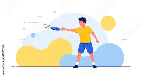 Illustration of a Young Man Throwing a Frisbee for Recreation and Leisure Activities