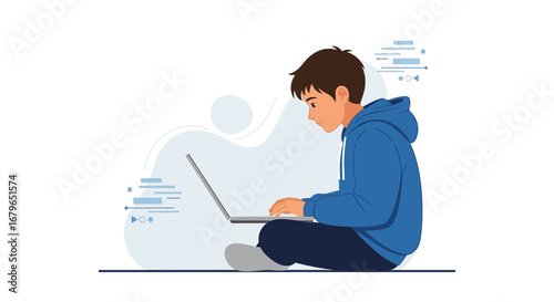 Illustration of a young man using a laptop computer sitting on the floor