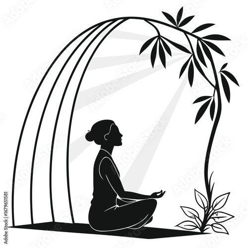 Person meditating under glowing arch silhouette