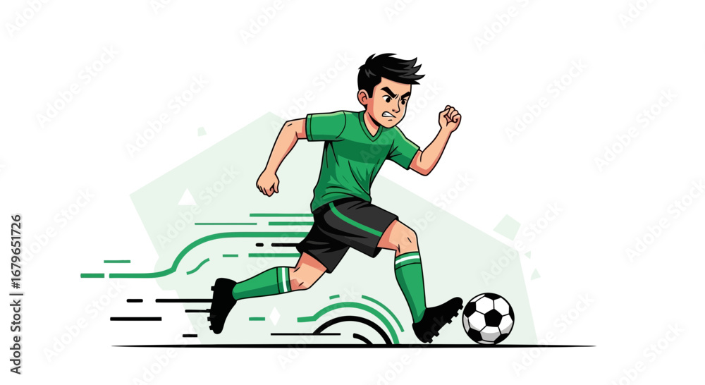 Obraz premium Illustration of a soccer player kicking a ball and running on a simple background