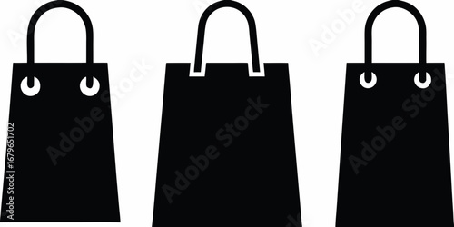 Three simple black shopping bag icons with handles and two with eye like details