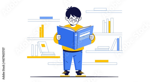 Illustration Of A Young Person Reading A Book Surrounded By Bookshelves And Focused