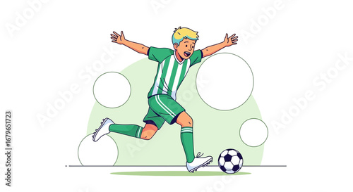 Illustration of a soccer player celebrating goal scoring with arms outstretched and ball