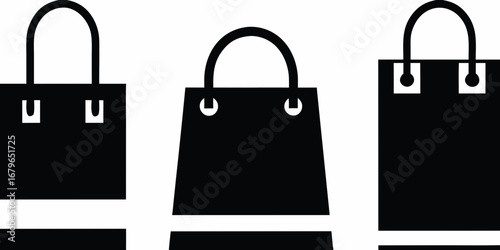 Three black shopping bags with handles displayed side by side on a white background