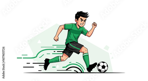 Illustration of a soccer player kicking a ball and running on a simple background