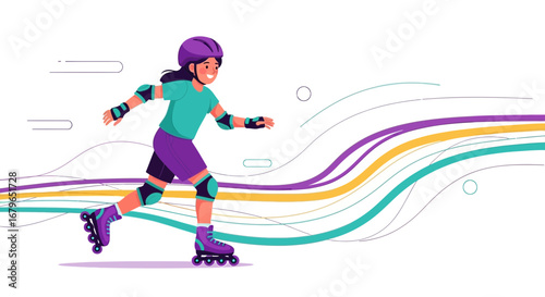 Illustration of a young person roller skating wearing protective gear and a helmet