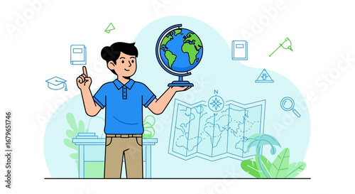 Illustration of a young person studying about the world and geography