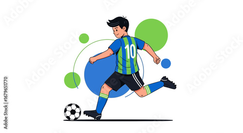 Illustration of a soccer player kicking the ball in a dynamic and energetic pose