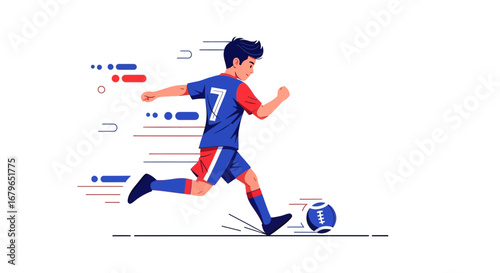Illustration of a soccer player kicking the ball, modern design, in action, sport theme