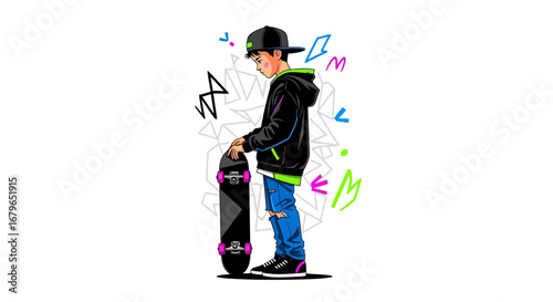 Illustration of a young skateboarder in stylish streetwear holding the board