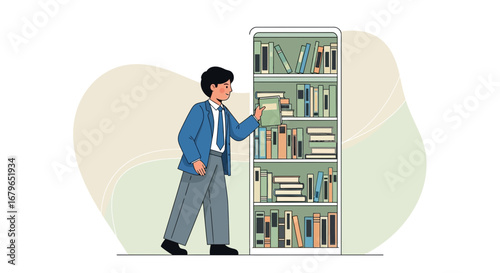 Illustration of a student choosing a book from a library bookshelf in a flat design