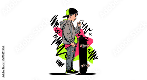Illustration of a young skater standing with his skateboard and modern graffiti backdrop