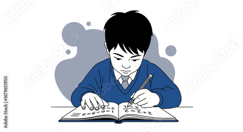 Illustration of a student doing math homework in a notebook at school or home