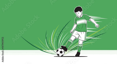 Illustration of a Young Soccer Player Kicking a Soccer Ball with a Green Background