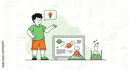 Illustration of a young student in a science lesson explaining a scientific concept