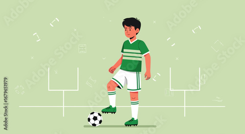 Illustration of a young soccer player standing on the field with a ball, preparing to kick
