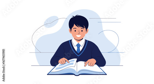 Illustration of a young student reading a book with enthusiasm and clear focus for educational concepts