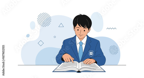 Illustration of a student reading a book, studying, learning with a study uniform