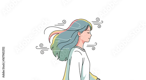 Illustration of a young woman with flowing hair, enjoying the wind and relaxed