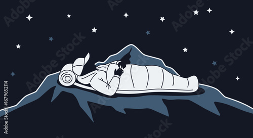 Illustration of Camper Sleeping on Mountain Under the Stars, Night Time Adventure