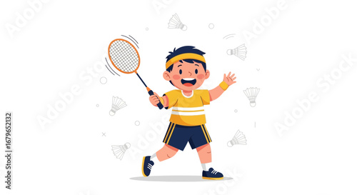 Illustration of badminton game, happy boy ready to hit the shuttlecock with the racket