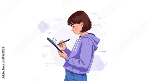 Illustration of a young woman sketching or drawing on a tablet with a stylus pen