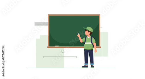 Illustration of a student writing on a chalkboard in a classroom setting for education
