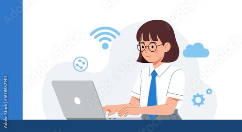 Illustration of a student working on a laptop, accessing cloud and searching online