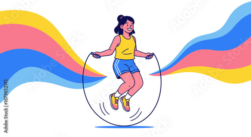 Illustration of an active woman jumping rope in a colorful and vibrant style