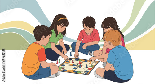 Illustration of children playing a board game together in colorful, joyful surroundings