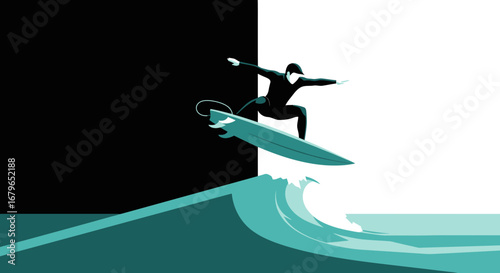 Illustration of a surfer catching a wave and enjoying the sunny day in the ocean