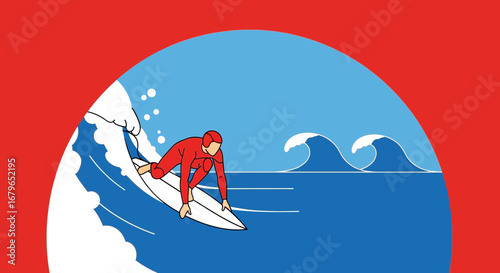 Illustration of a surfer catching a wave in a stylized minimalist vector design