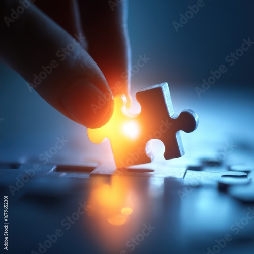 Mysterious Hand Placing Puzzle Piece With Glowing Light Effect