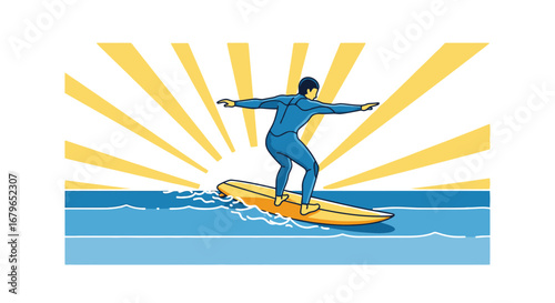 Illustration of a surfer on a surfboard with sun rays radiating from the background