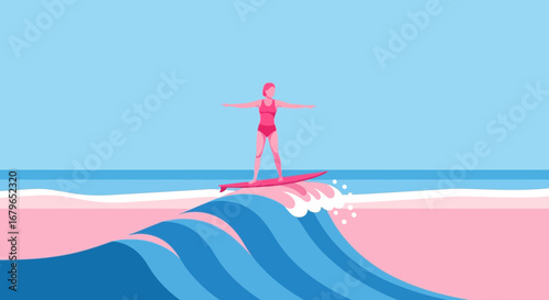 Illustration of a surfer on a wave in a minimalist style with a beautiful background