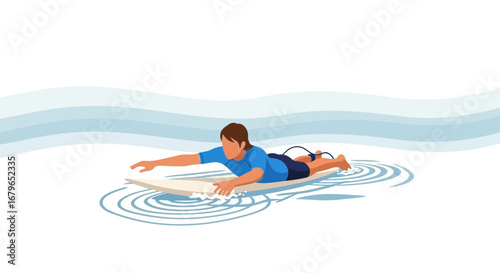 Illustration of a surfer paddling on a surfboard in the ocean ready to catch a wave