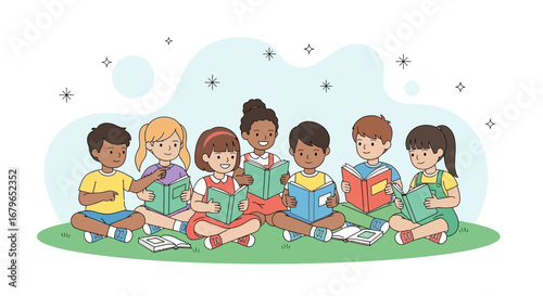 Illustration of diverse children reading books together inside a park