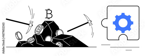 Pickaxes mining coins from rocks featuring Bitcoin symbol, next to a gear puzzle piece. Ideal for cryptocurrency, blockchain, mining, digital currency, technology, innovation, simple flat metaphor