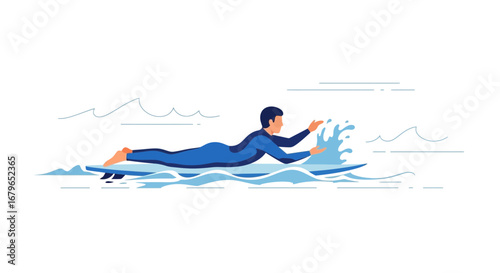 Illustration of a surfer paddling on a surfboard in the ocean water, isolated on white