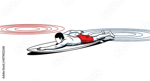 Illustration of a surfer paddling on a surfboard with graphic water effects