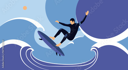 Illustration of a surfer riding a wave in a stylized abstract artistic design